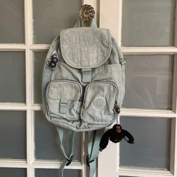 Kipling Firefly Small Nylon Mini Backpack Light Blue Grey Monkey Keychain